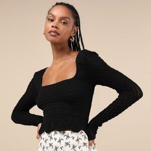 Lulus Lucky Cutie Black Crochet Long Sleeve Sweater Top - Size S